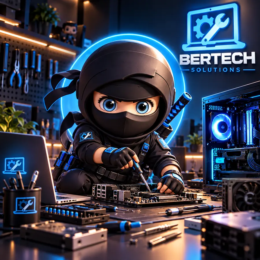 Ninja réparateur Bertech Solutions devant un ordinateur en cours de réparation
