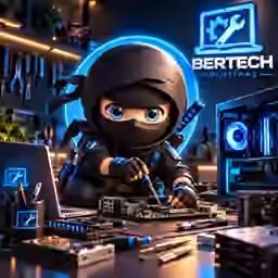 Mascotte ninja réparateur Bertech Solutions dans son atelier informatique
